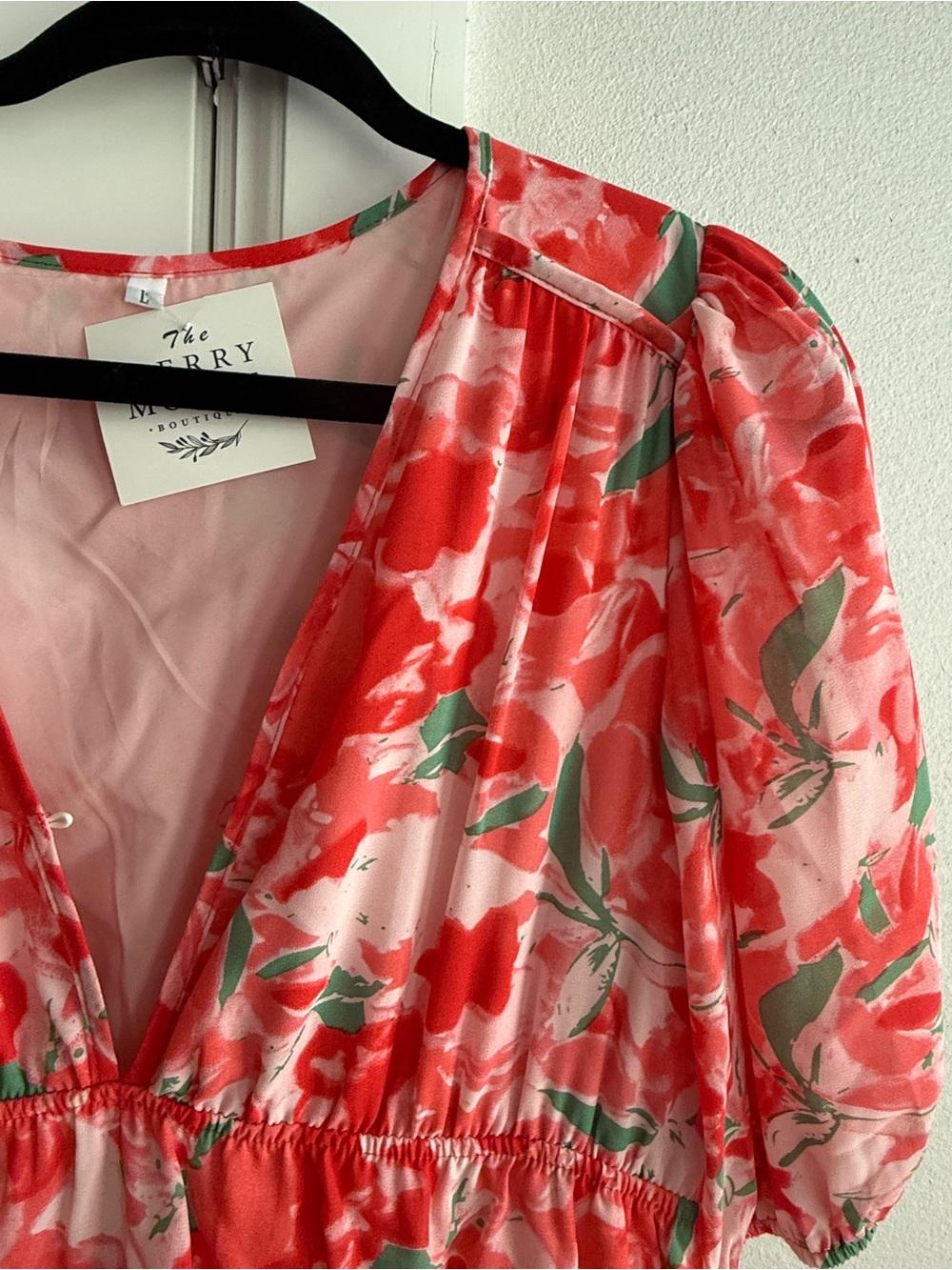 Floral V-Neck Red Maxi Dress w/ Missing Button - Picture 2 of 13